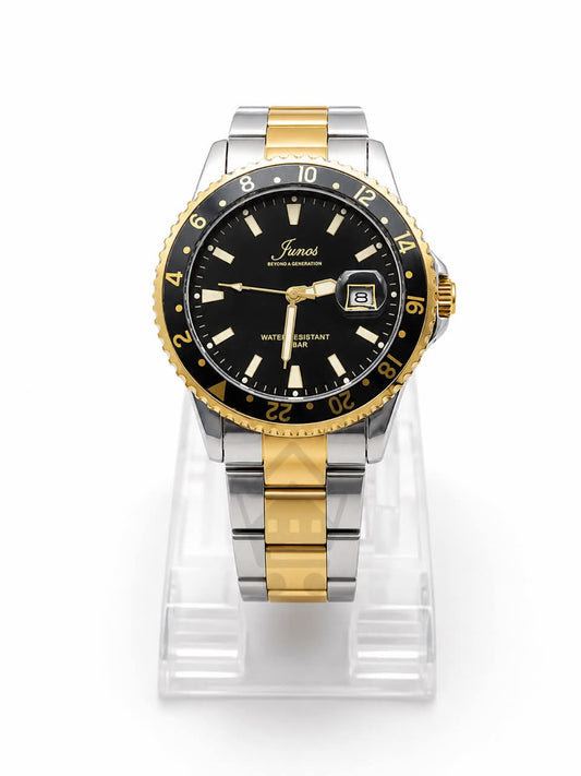 Junos Men’s Two-Tone Stainless Steel Watch – Black Dial, Gold Bezel & Date Display