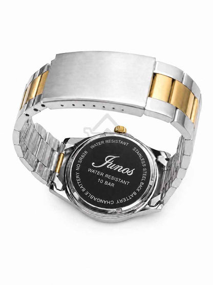 Junos Men’s Two-Tone Stainless Steel Watch – Gold Dial, Black Bezel & Date Display