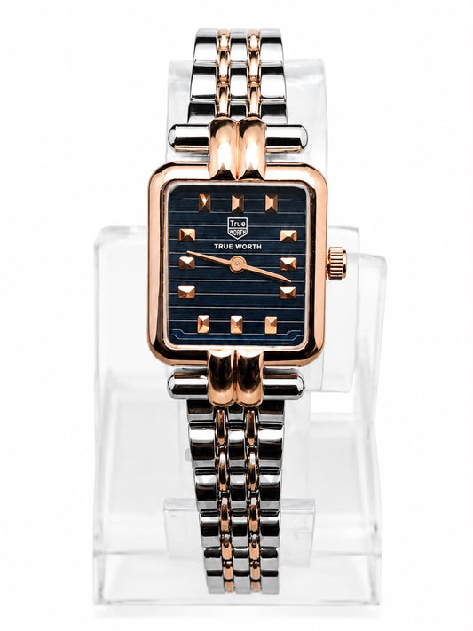 True Worth Women’s Two-Tone Square Watch – Rose Gold & Silver Bracelet with Black Dial