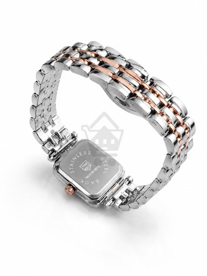 True Worth Women’s Two-Tone Square Watch – Rose Gold & Silver Bracelet with Black Dial