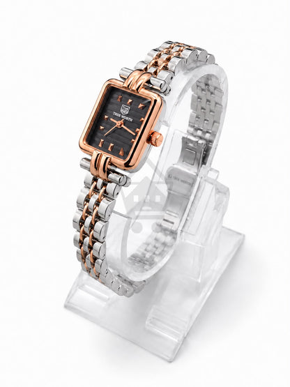 True Worth Women’s Two-Tone Square Watch – Rose Gold & Silver Bracelet with Black Dial