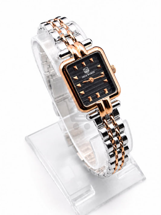 True Worth Women’s Two-Tone Square Watch – Rose Gold & Silver Bracelet with Black Dial