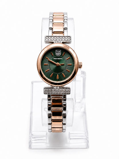 True Worth Women’s Two-Tone Bracelet Watch – Green Dial, Rose Gold Case & Crystal Details