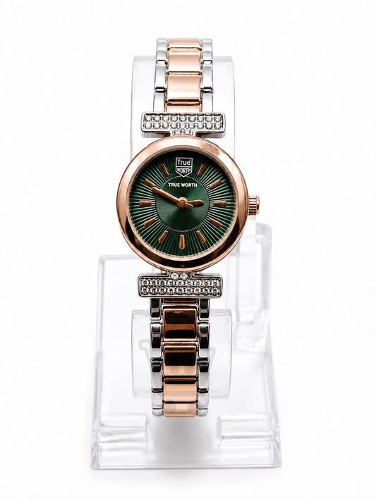 True Worth Women’s Two-Tone Bracelet Watch – Green Dial, Rose Gold Case & Crystal Details