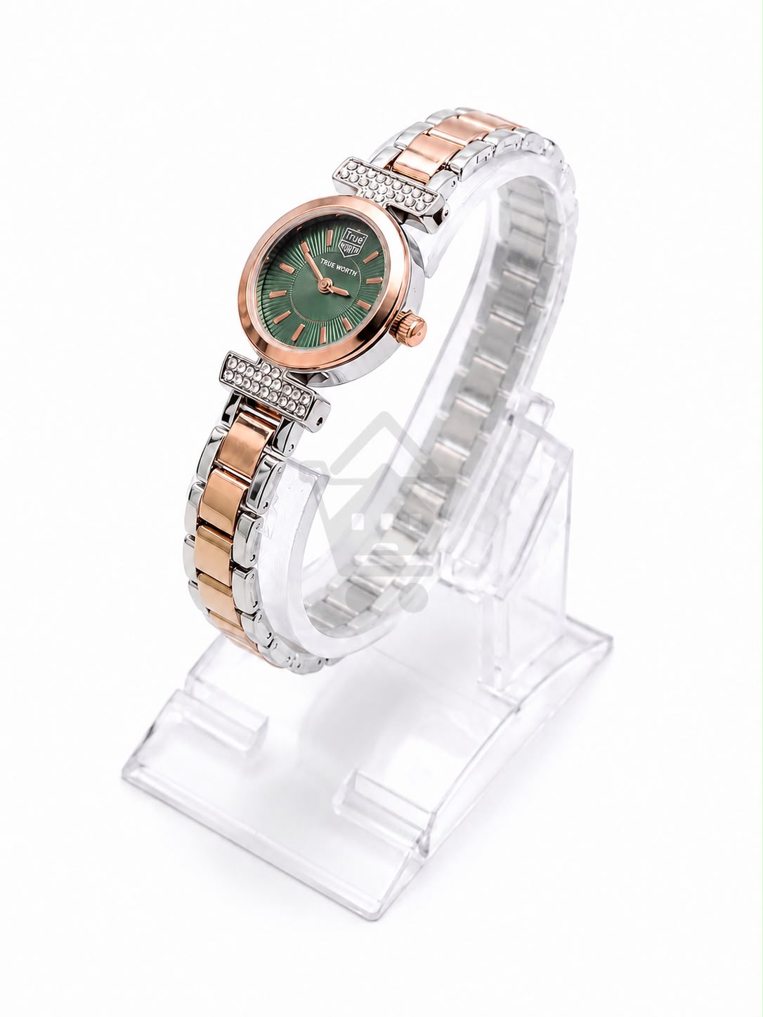 True Worth Women’s Two-Tone Bracelet Watch – Green Dial, Rose Gold Case & Crystal Details