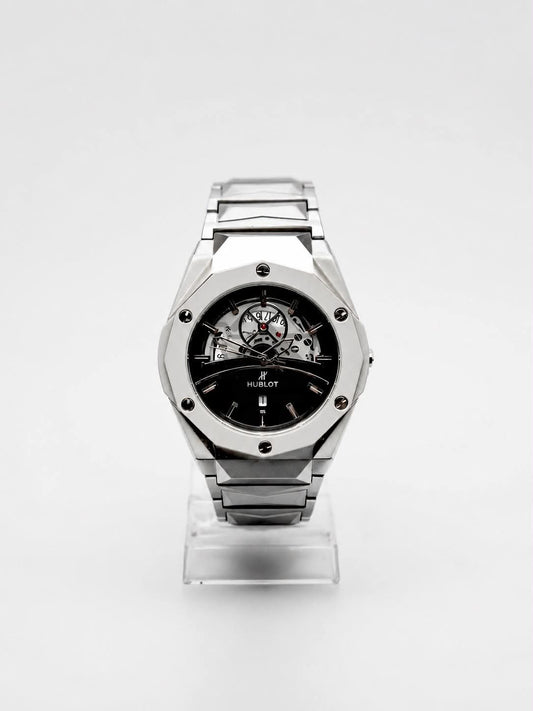 Men’s silver skeleton dial watch with stainless steel metal bracelet