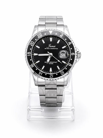 Junos Men’s Luxury Stainless Steel GMT Watch – Black Dial