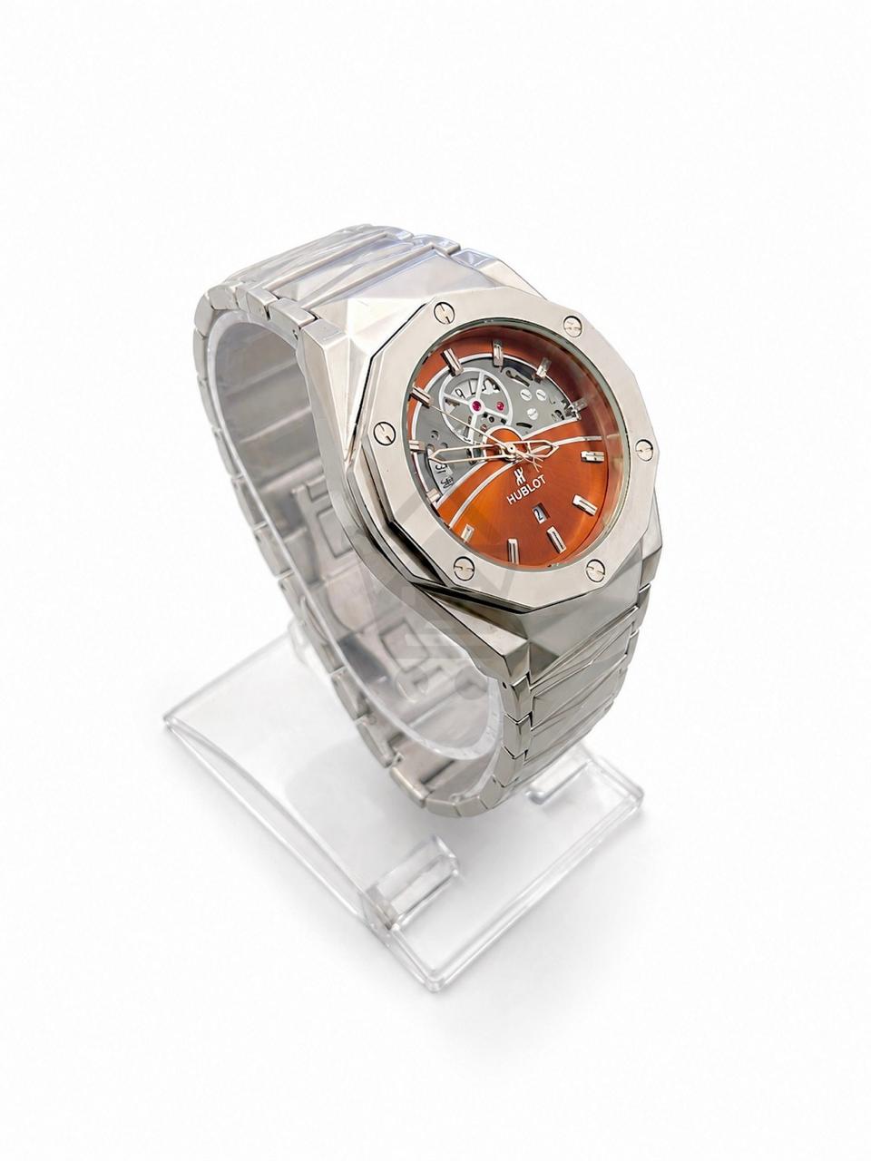 Men’s copper skeleton dial watch with silver metal bracelet