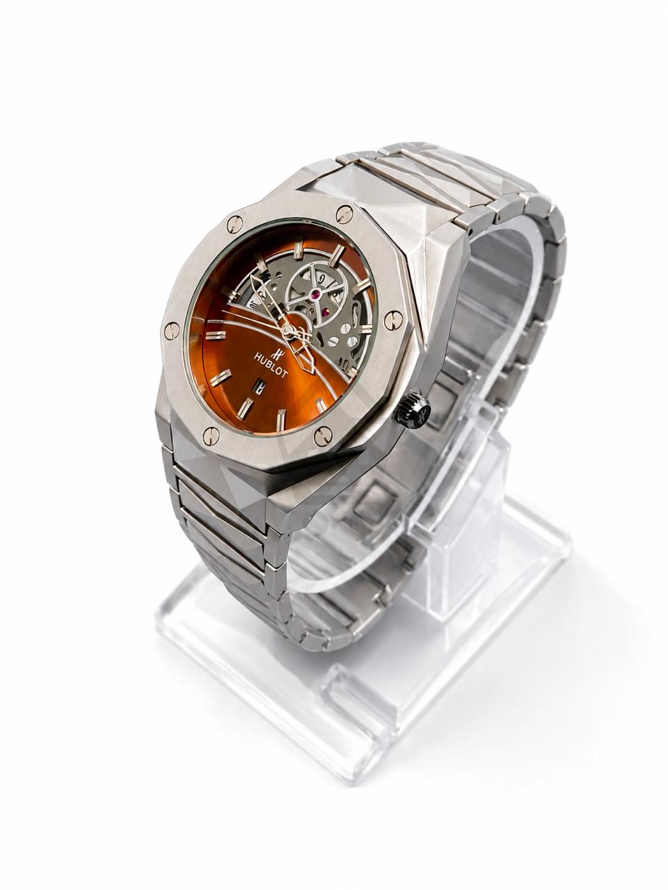 Men’s copper skeleton dial watch with silver metal bracelet