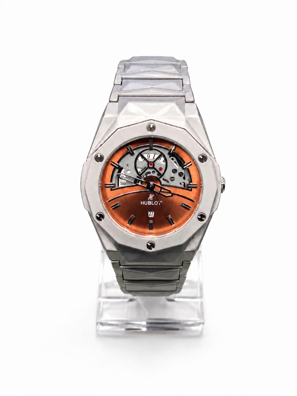 Men’s Copper Skeleton Dial Watch with Silver Bracelet