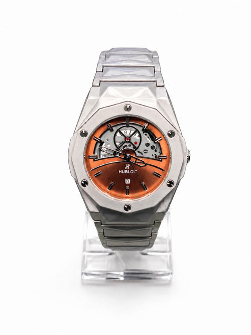 Men’s Copper Skeleton Dial Watch with Silver Bracelet
